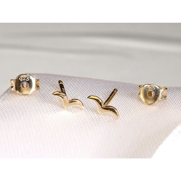 Tiny Tiny Bird Stud Earrings, Sterling Silver Real Gold Plating, Dainty 6x2mm - Picture 3 of 4